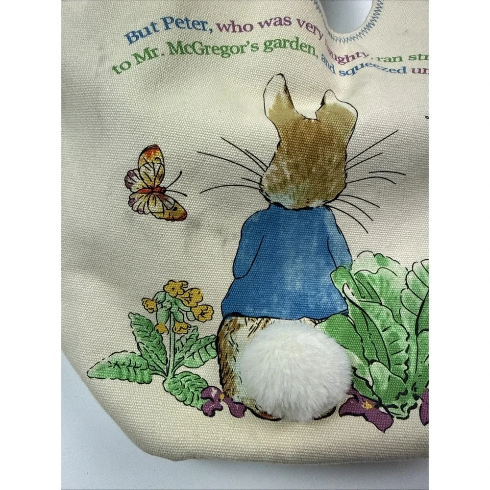 Beatrix Potter Peter Rabbit Lined Canvas Tote Bunny Pom Pom Tail Small Handbag